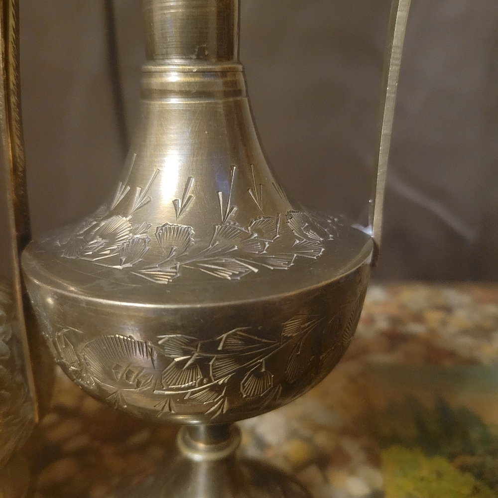 2 Vintage Engraved Brass‎ Pitcher Cruet Vase world gift 10" MCM India tea pot - Picture 5 of 13